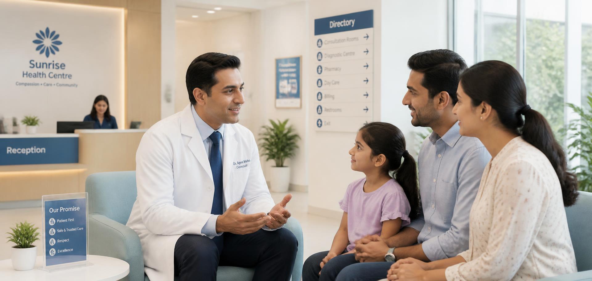 Consultor de saúde conversando com uma família em uma recepção iluminada e acolhedora